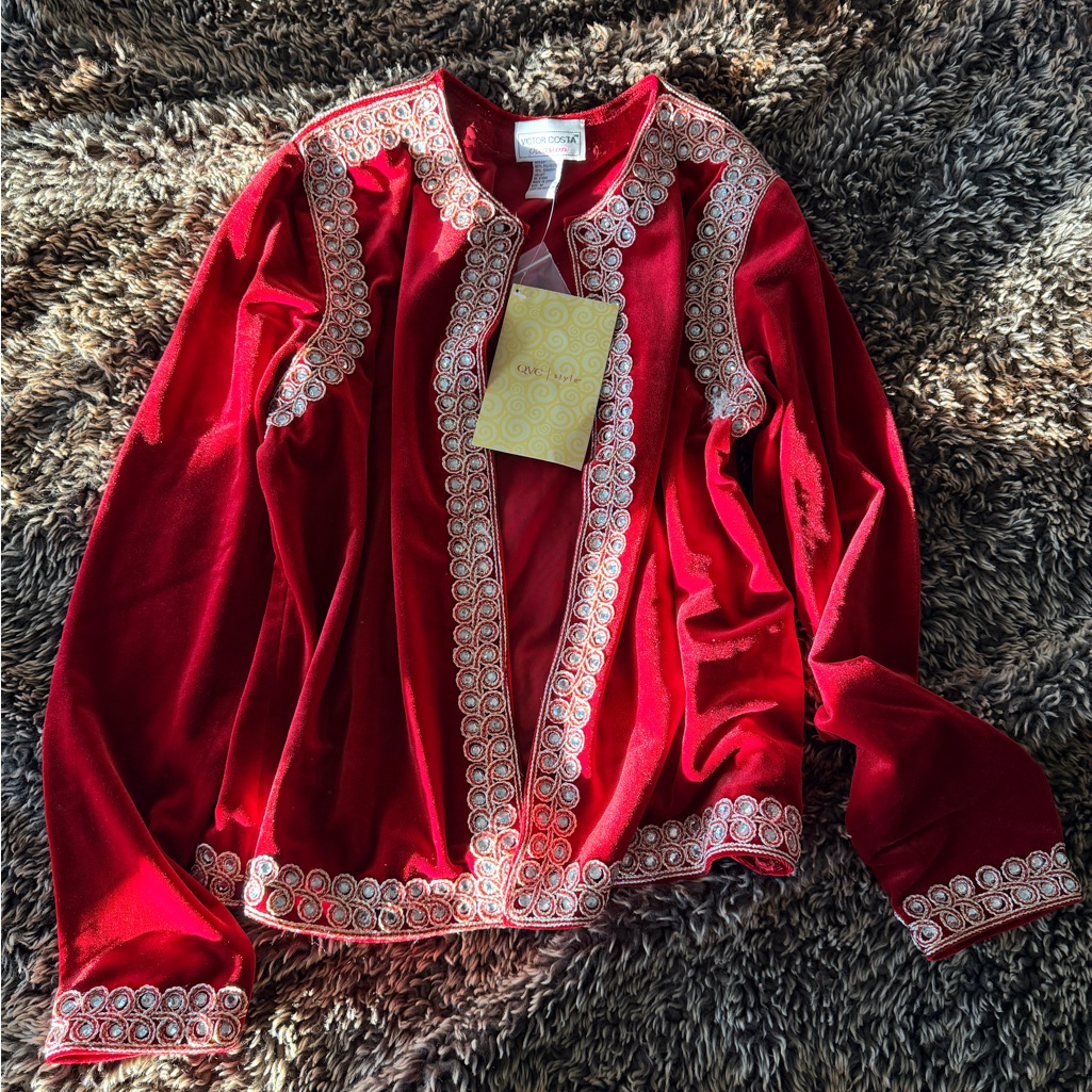 Victor Costa Red Velvet Rhinestone Embroidered Blazer